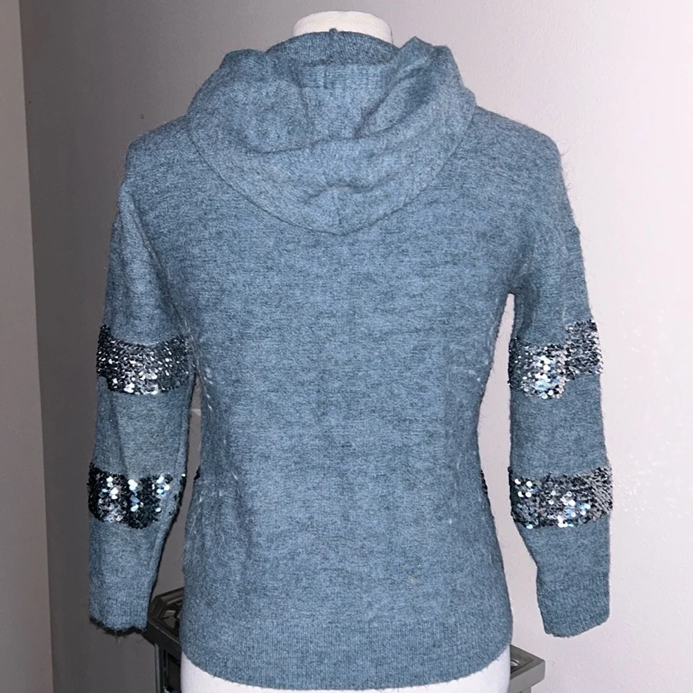 Nine West | Womens Fuzzy Knit Blue Sequin Stripe Hoodie Sweater - Size M - Picture 4 of 8